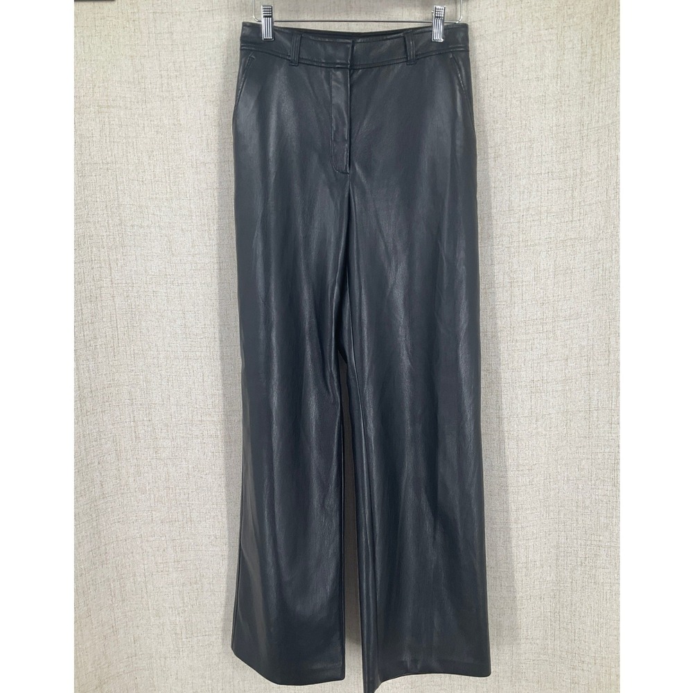 Babaton Wide Leg Pants Womens 4 Black Vegan Leather High Rise Classic Minimalist